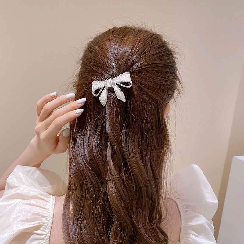 Kẹp Tóc Hình Nơ Đính Ngọc Trai Lấp Lánh Phong Cách vintage Hàn Quốc