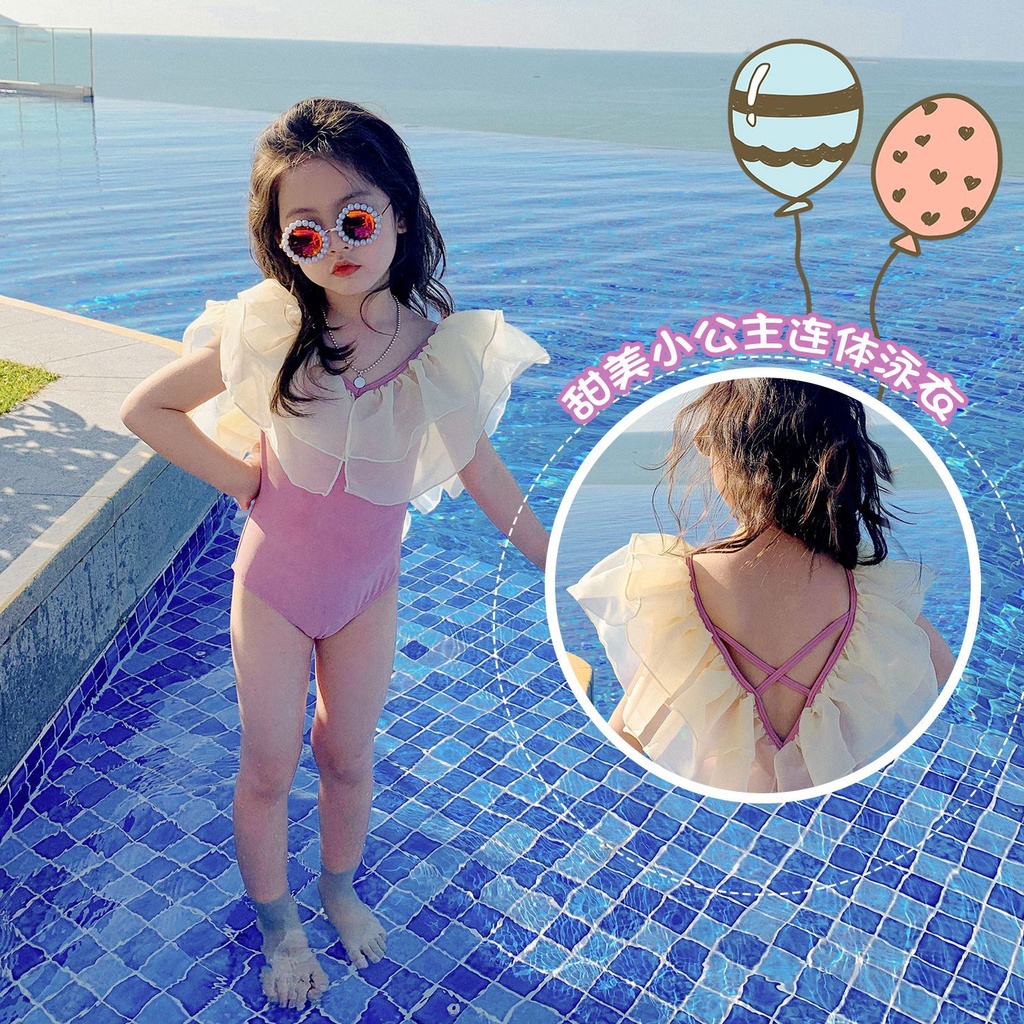 Bộ Đồ Bơi Một Mảnh Hai Dây Viền Lưới Phong Cách Phương Tây Hàng Mới Cho Bé Gái Đi Biển