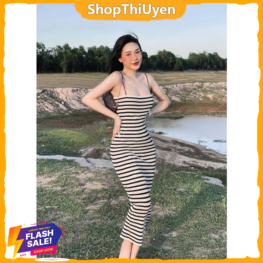 Đầm thun 2 dây ôm body kẻ sọc ngang trắng đen