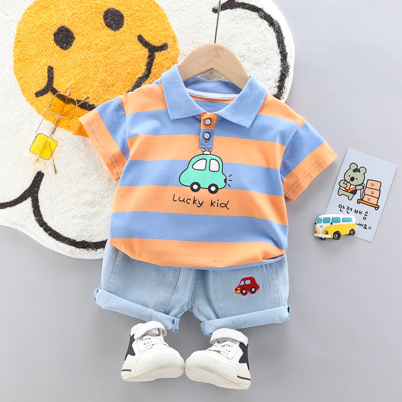 Set Đồ 2 Món Gồm Áo Thun cotton Tay Ngắn Cổ Bẻ Kẻ Sọc Hoạt Hình + Quần jeans Dành Cho Bé Trai 0-4 Tuổi