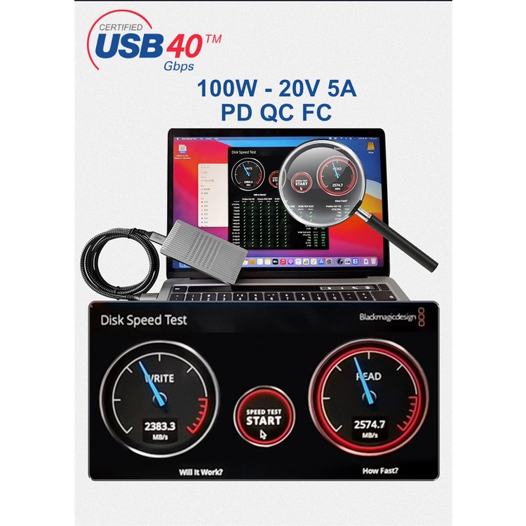 Cáp USB4 (usb 4.0) 40Gbps cổng usb type-c tương thích Thunderbolt 3 xuất hình 5k 60hz macbook imac - sạc 100W PD QC