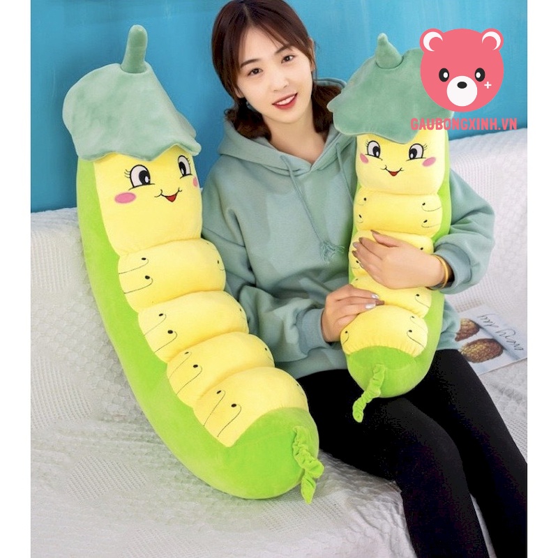 Gấu bông con sâu xanh cute size 1m2, chú nhộng đội nón lá dễ thương, gối ôm cho bé hàng đẹp