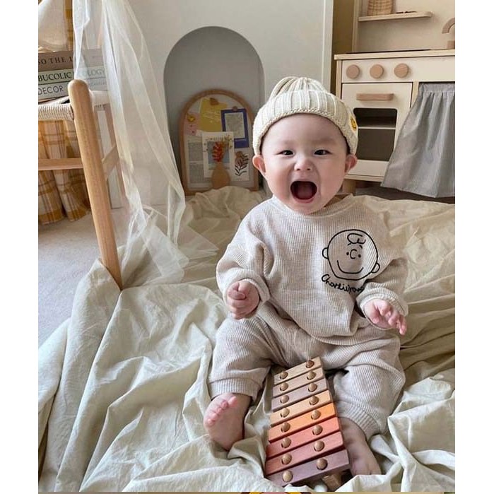 Bộ thun len tăm quần áo dài tay in hình bé cười cho bé từ 8-20kg siêu dễ thương