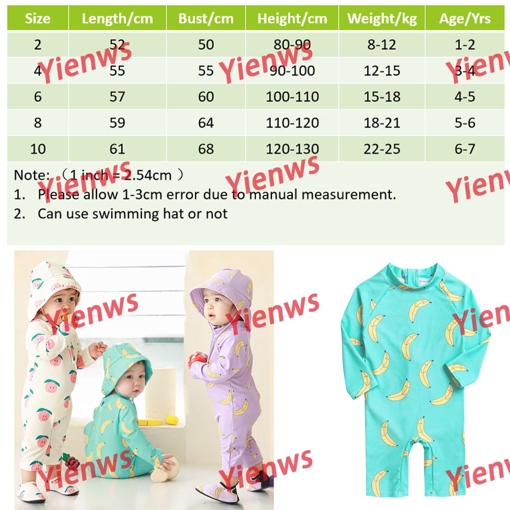 Đồ bơi liền thân tay dài in hình trái cây dễ thương cho bé 1-7 tuổi (có bán lẻ mũ)