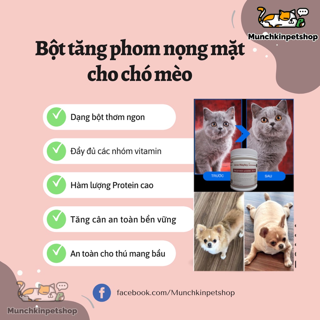 Pet Protein Powder-Tăng phom, nọng mặt mèo, bổ sung dinh dưỡng, vitamin cho chó mèo hộp 258G