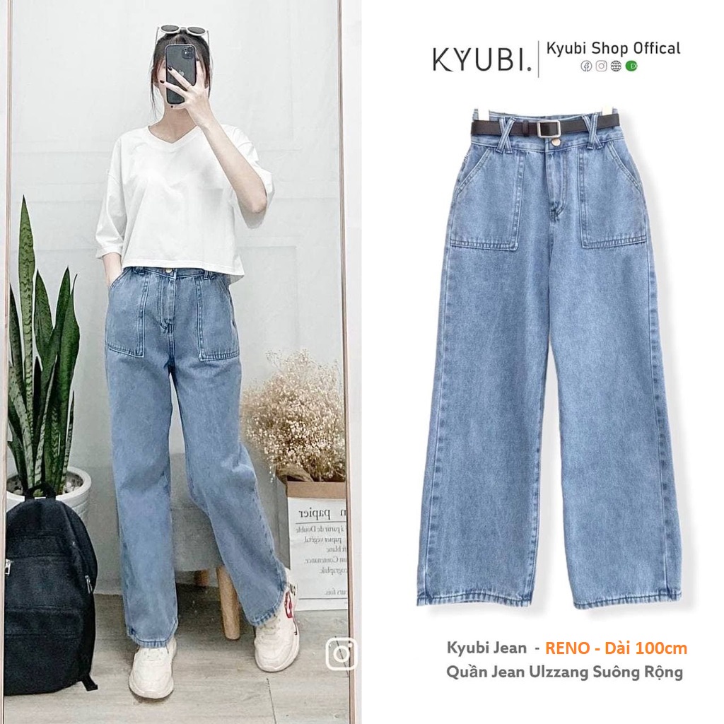 Quần Jean baggy nữ ống rộng suông Ulzzang Kyubi đai lưng cá tính [Có Bigsize, Nhiều Màu]- Jean cullote Kyubi BJR2XL