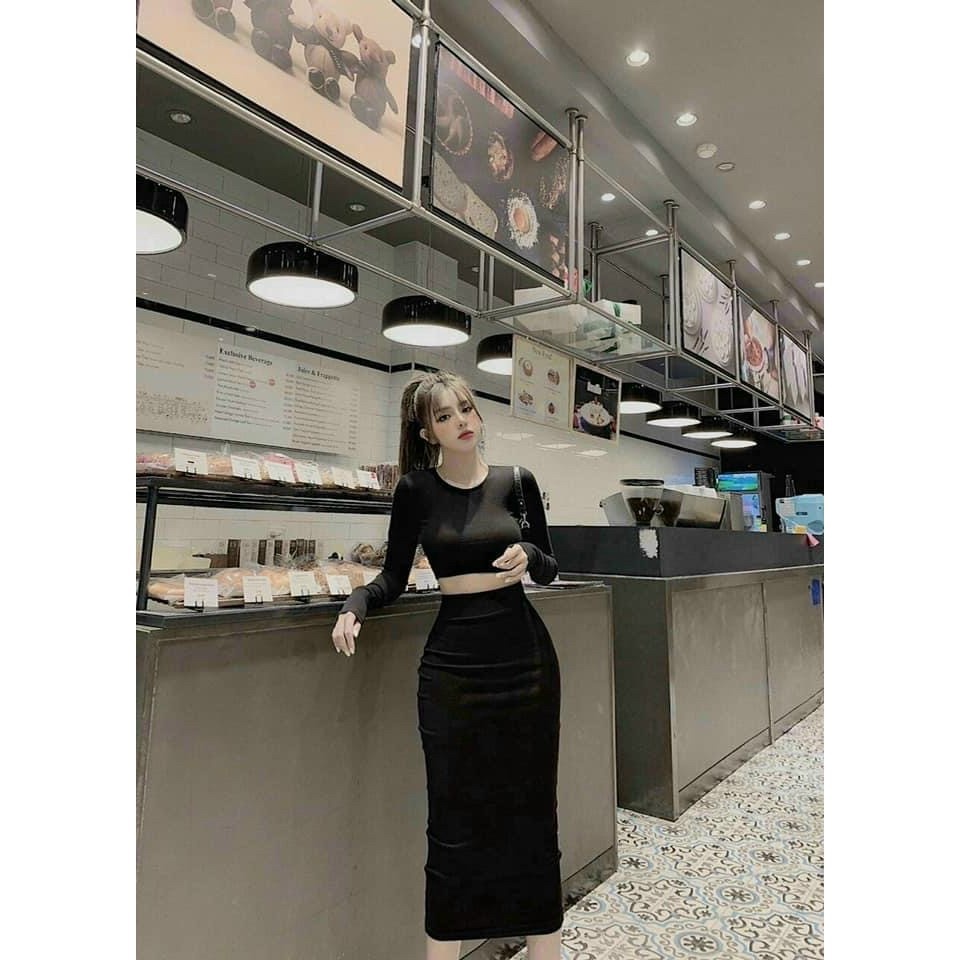 Set đầm body có Chân váy dài và áo Croptop dài tay sexy, mặc siêu tôn dáng