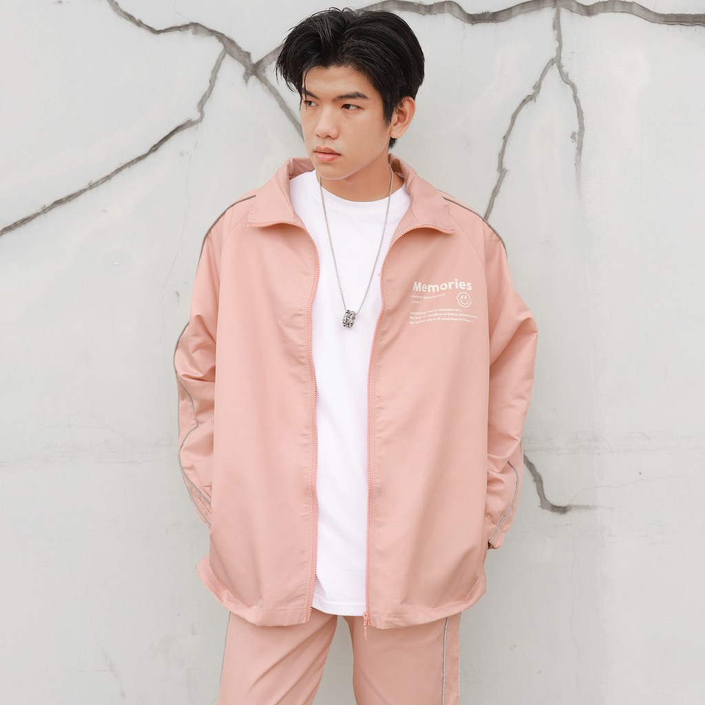 Áo Khoác Jacket Memories Form Thoải mái Unisex Chất Liệu Polyester Vải Dù Màu Hồng