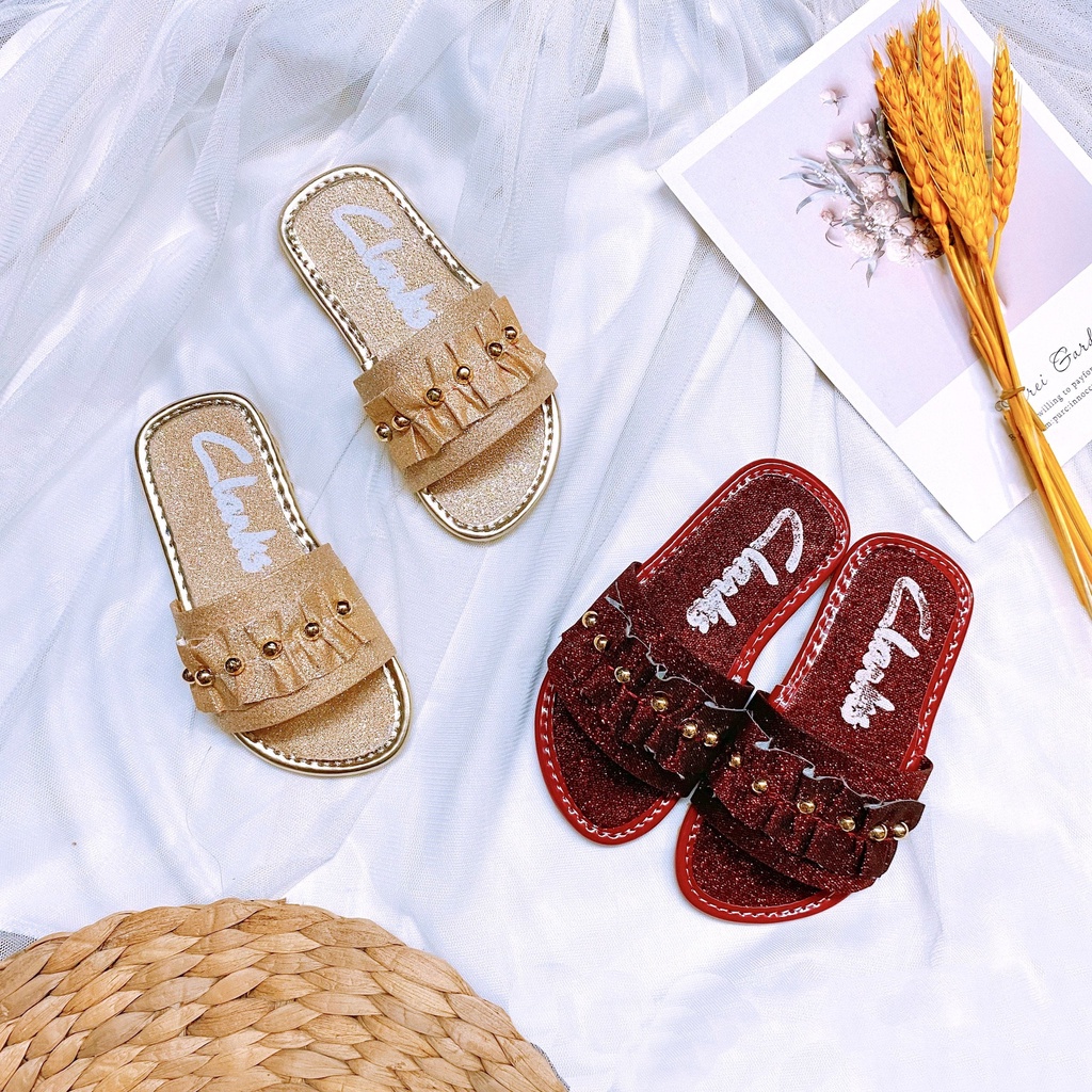 Dép quai ngang nhún bèo kim tuyến lấp lánh cho bé gái cực đẹp - TT420