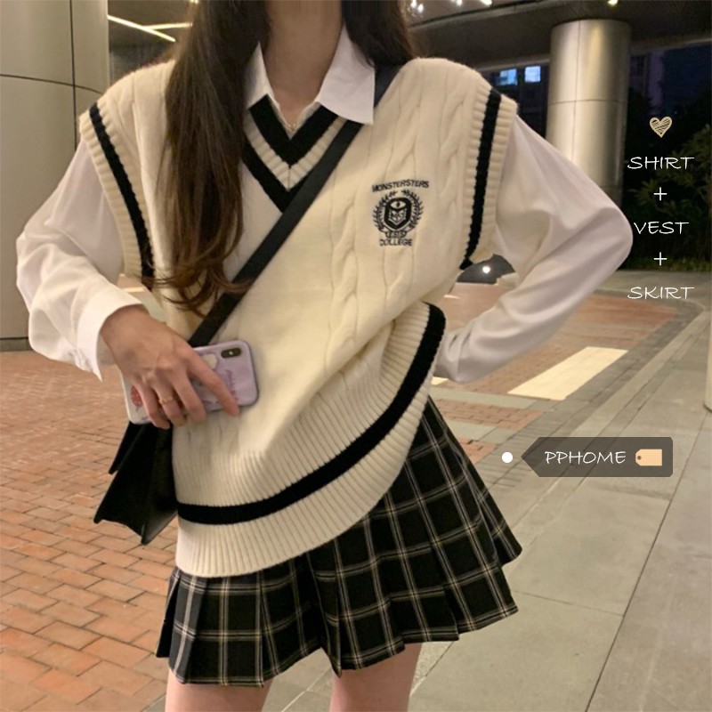 (HÀNG SẴN) Set áo vest gile phối viền + Áo sơ mi trắng style nữ sinh Hàn Quốc