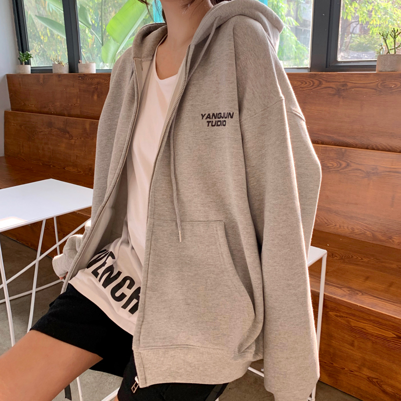 SUXI Áo khoác sweater dáng rộng tay dài in họa tiết chữ phối khóa kéo trẻ trung cho nữ