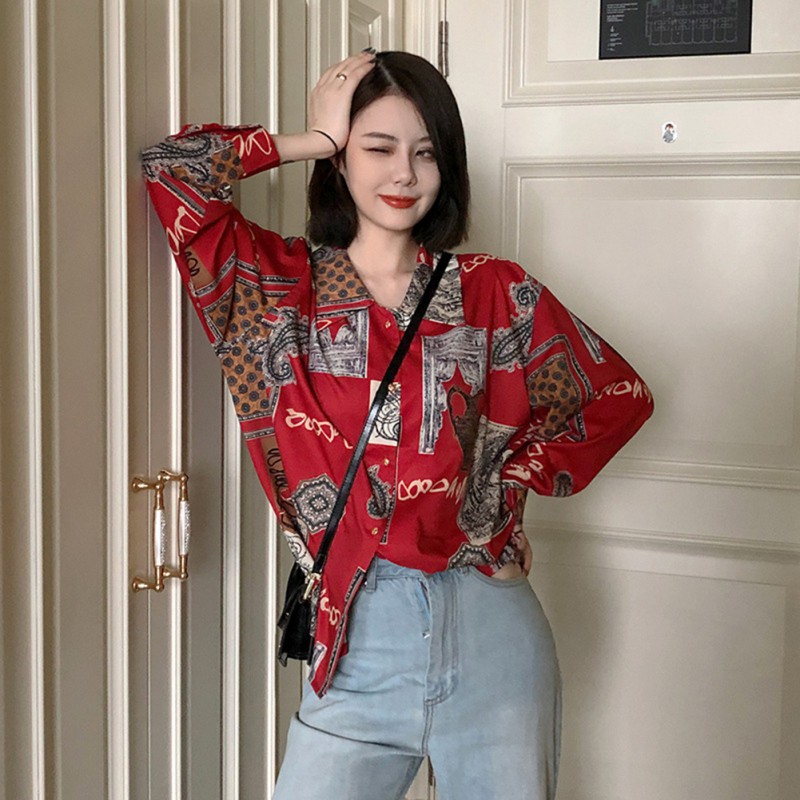 Áo sơ mi tay dài dáng rộng màu đỏ họa tiết in hoa phong cách cổ điển cho nữ