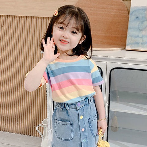 Áo Thun Tay Ngắn Họa Tiết Sọc Đỏ Cho Bé Gái 1-6 Tuổi