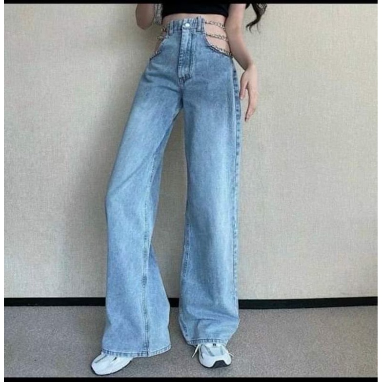 [ Sẵn ] Quần JEANS NỮ ỐNG RỘNG CÓ DÂY XÍCH NGANG EO CÁ TÍNH, DÁNG SUÔNG, vải jeans cotton không giãn ( kèm ảnh thật )