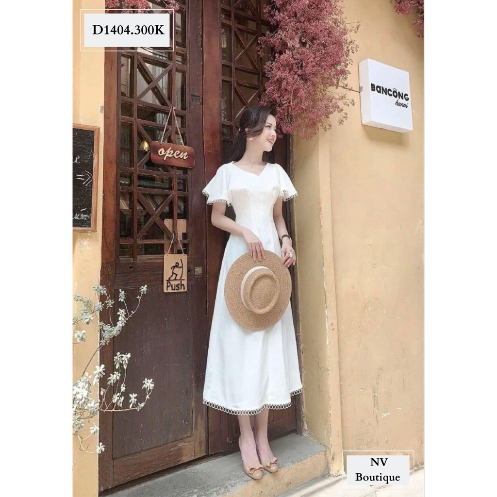 Đầm Nữ NHẬT VY Phối Ren Cài Hoa Tay Ngắn Kiểu Chất Cotton Mịn Đi Tiệc Dáng Xòe Màu Nude, Trắng, Đen - D1404
