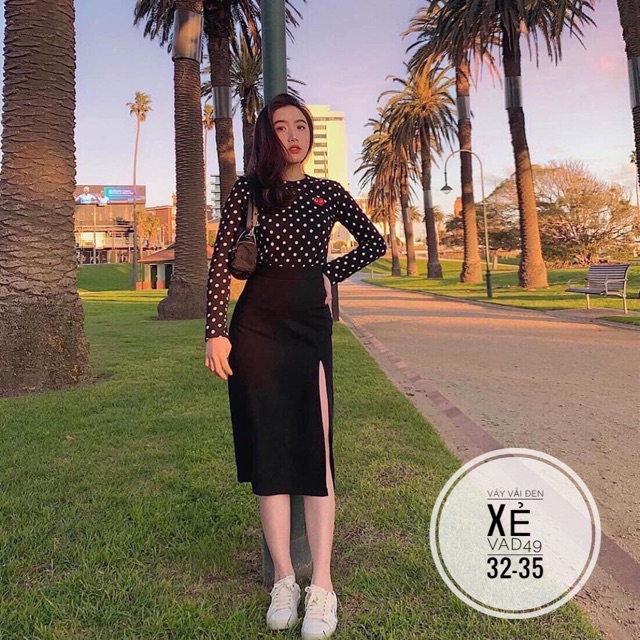 Bigsize Váy vải đen xẻ VAD49(32-35)