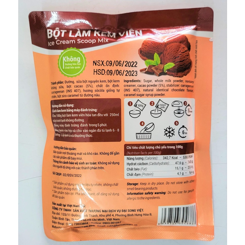 [Gói 100g – SÔ CÔ LA ] BỘT LÀM KEM VIÊN [VN] BENUSCREAM Chocolate Ice Cream Scoop Mix