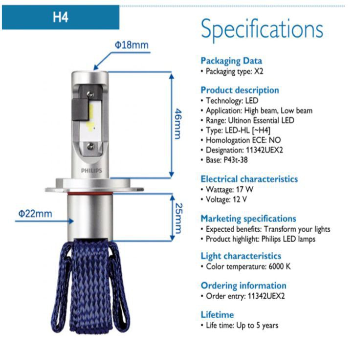 Bóng đèn LED dùng cho ô tô, xe hơi cao cấp nhãn hiệu Philips H4 - Hàng Nhập Khẩu Chính Hãng