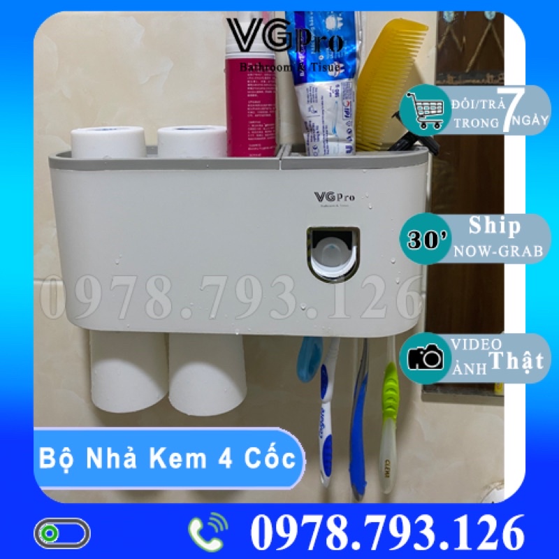 Bộ Nhả Kem Đánh Răng Tự Động 4 Cốc Hộp Đựng Kem Đánh Răng Kệ Để Đồ Phòng Tắm (Tặng Kèm Miếng Dán ) Bền Đẹp VGpro