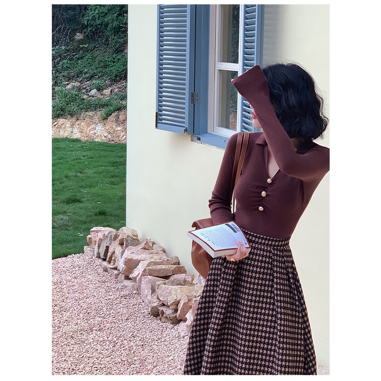 Áo thun COZOK dệt kim tay dài cổ chữ V xếp ly phong cách vintage