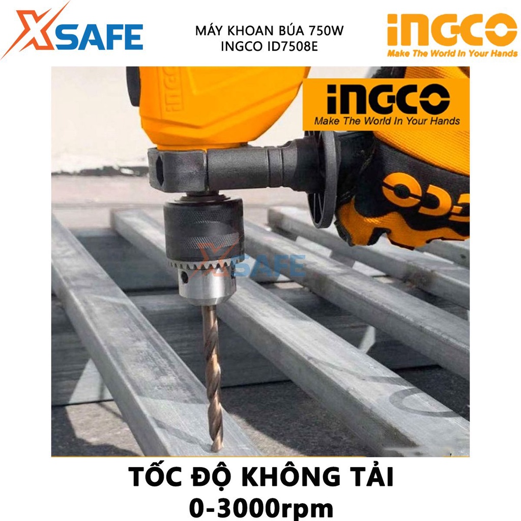 Máy khoan búa cầm tay 13mm INGCO ID7508E công suất 750w, tốc độ 3000rpm có chỉnh tốc đảo chiều, chức năng khoan động lực