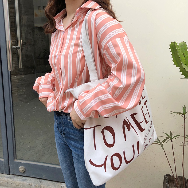 Túi tote vải canvas đi học đi chơi có khóa kéo phong cách hàn quốc in HI NINE TO MEET YOU AH1640