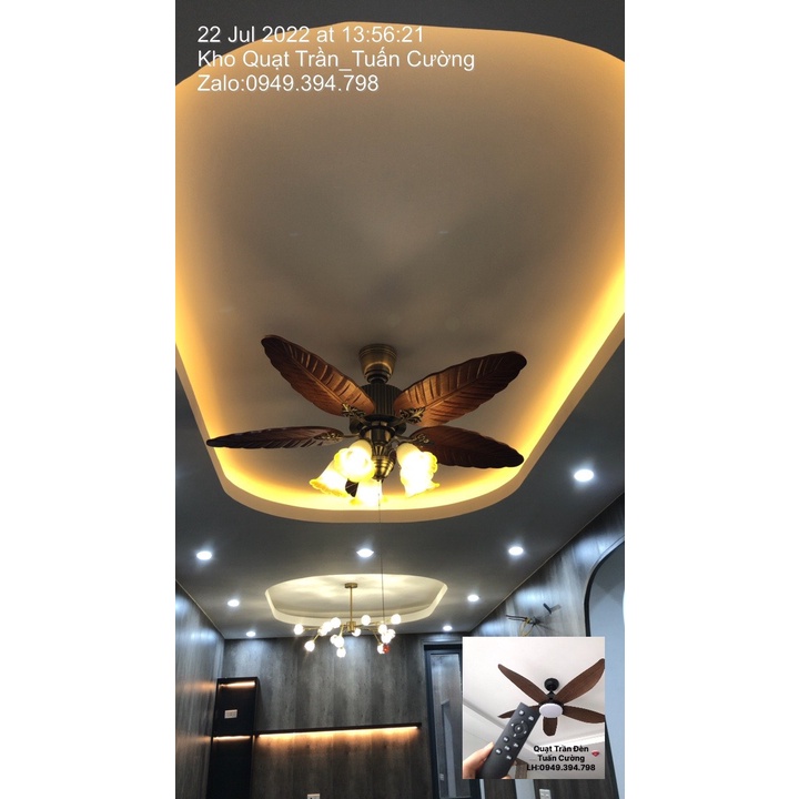 Quạt trần có đèn 5 chao cánh gỗ hình lá cây decor phòng khách biệt thự nhà hàng khách sạn,remote từ xa