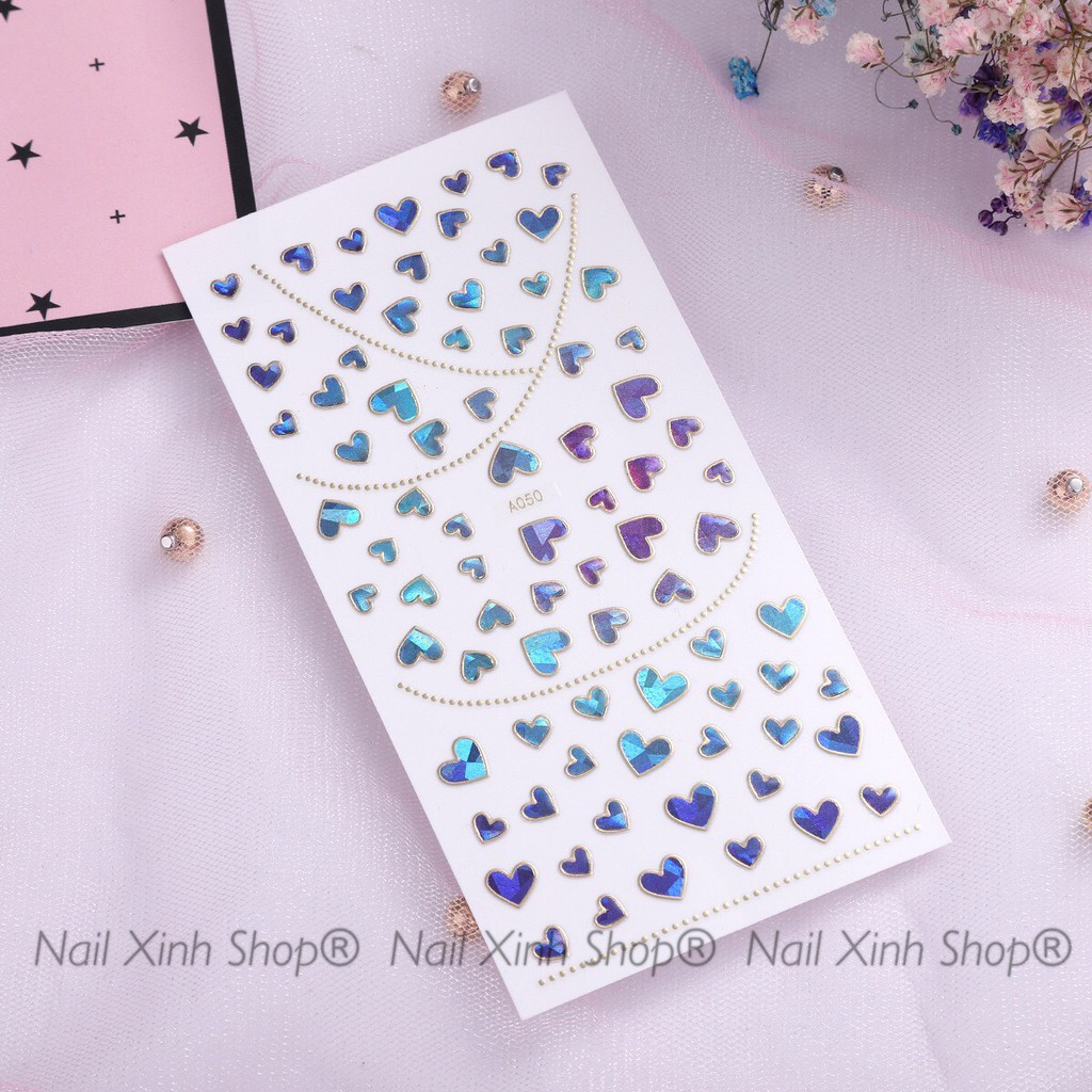 Nail sticker 3D, hoa văn, hình khối ánh xà cừ, trái tim, phụ kiện nail chuyên dụng