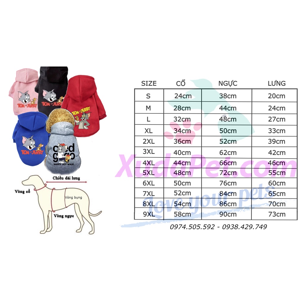 ÁO HOODIE CHO CHÓ MÈO HÌNH TOM AND JERRY (TỪ 2 -35KG)