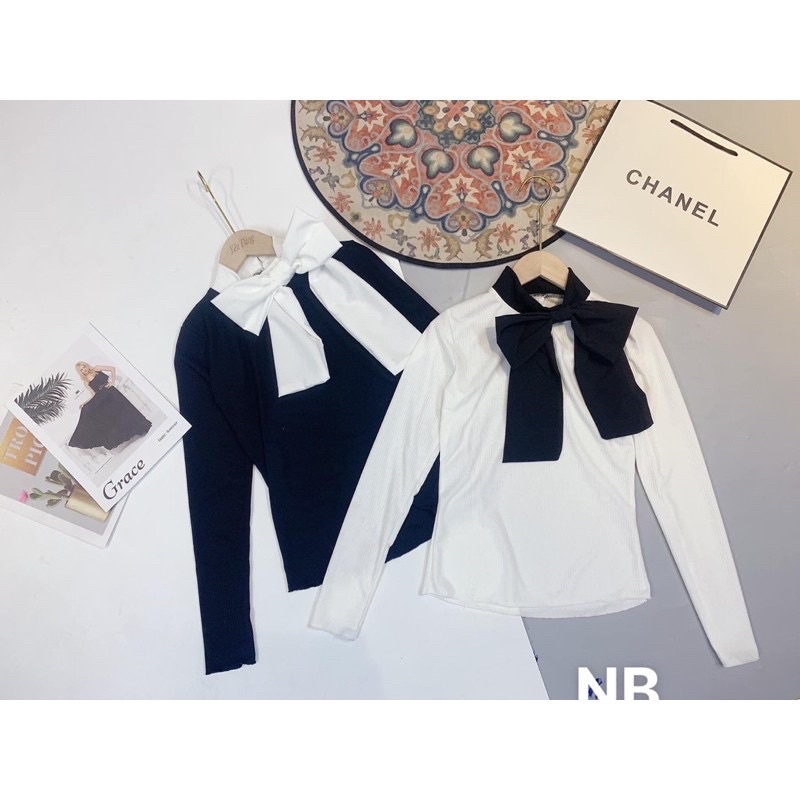 áo thun tăm cổ nơ mix trong dạ tweed hoặc vest | BigBuy360 - bigbuy360.vn