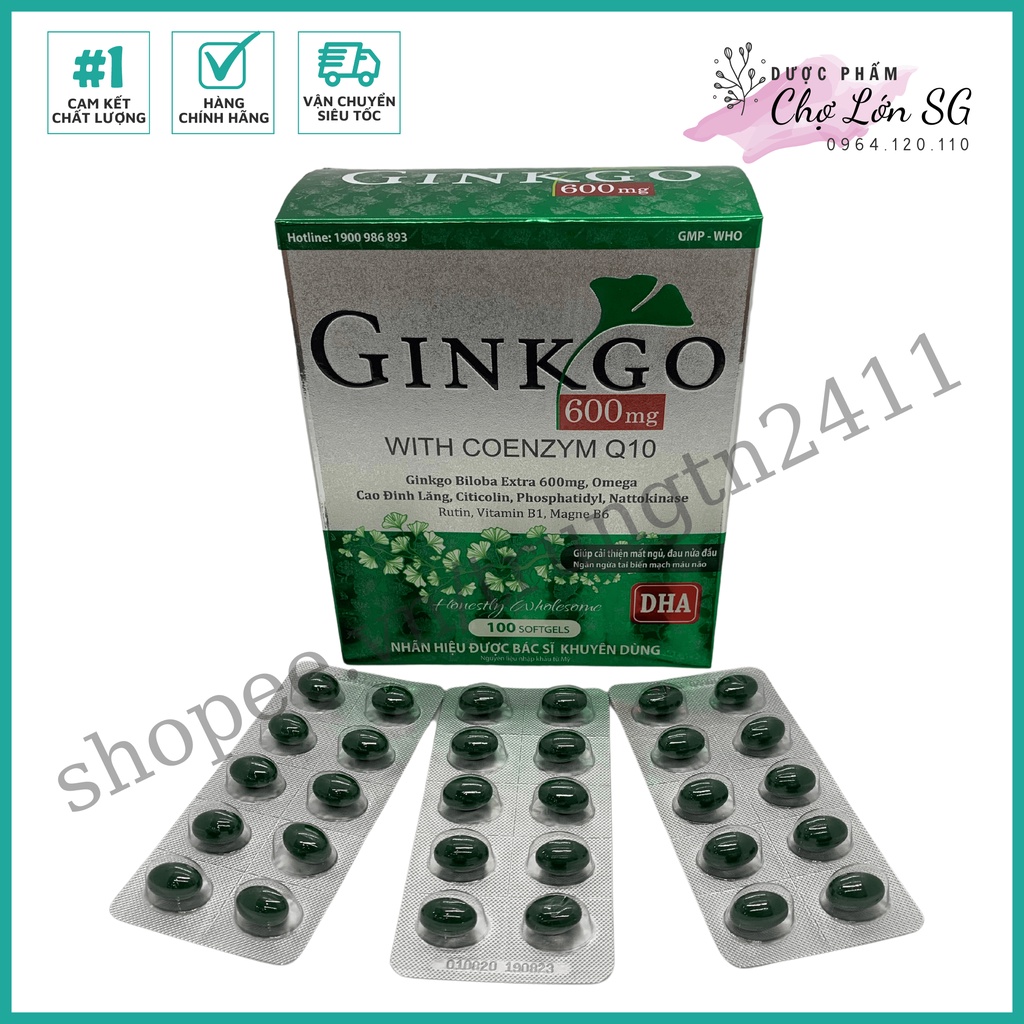 Hoạt huyết dưỡng não GINKGO 600 NATURAL WITH COENZYM Q10 giúp tăng tuần hoàn não  - Hộp 100v