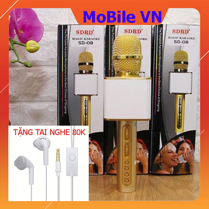 Mic hát karaoke không dây SD08 kèm loa bluetooth âm thanh to trầm ấm, míc hát bắt giọng