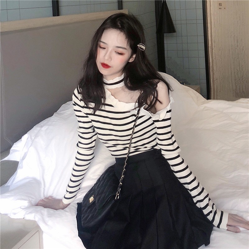 [ORDER] ÁO CỔ CHOCKER KẺ NGANG LỆCH VAI MÃ 3038