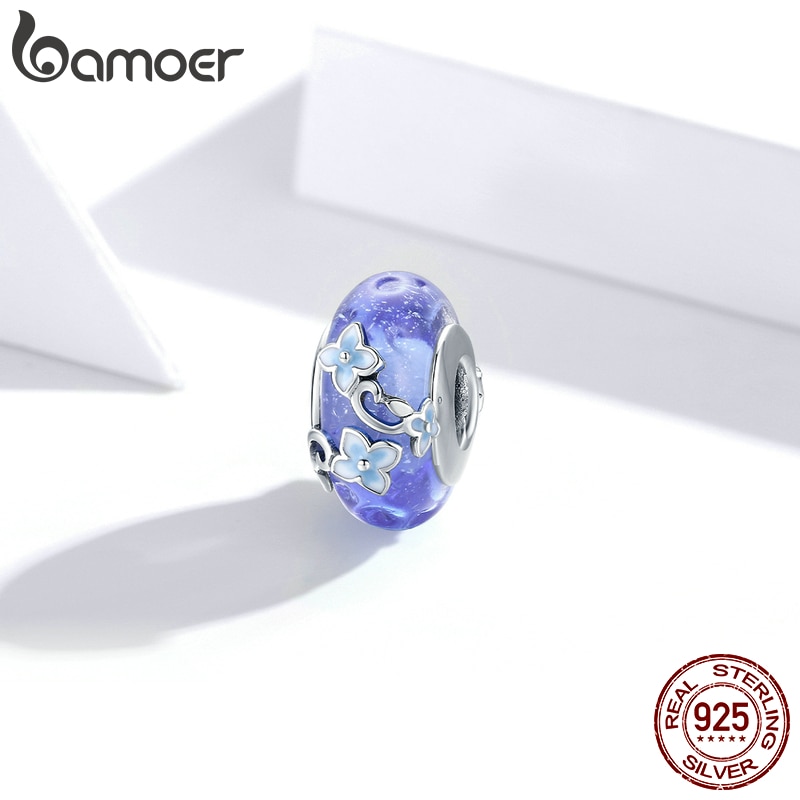 Hạt Cườm Bamoer BSC390 Bằng Bạc 925 / Thủy Tinh Màu Xanh Dương Họa Tiết Hoa Để Làm Vòng Tay Cho Nữ