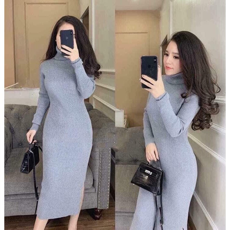 [Hàng Quảng Châu Bán Sỉ] Váy Len Body Cổ Lọ Dáng Maxi