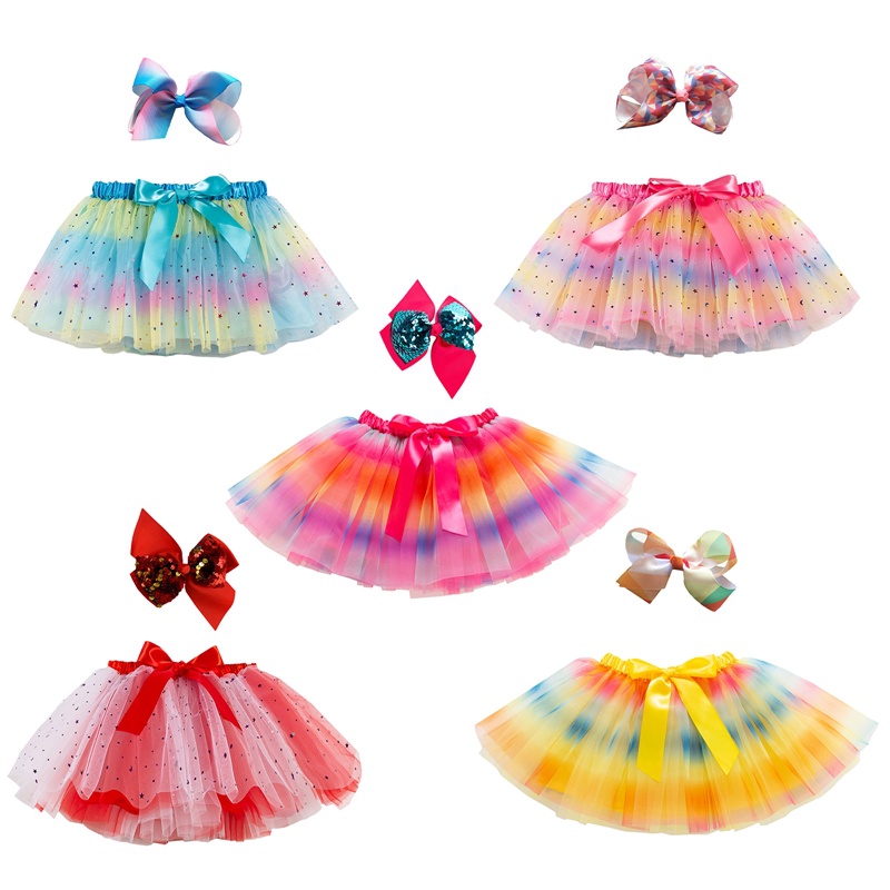 Chân Váy Xòe Tutu Nhiều Lớp Màu Cầu Vồng Thắt Nơ Cho Bé Gái