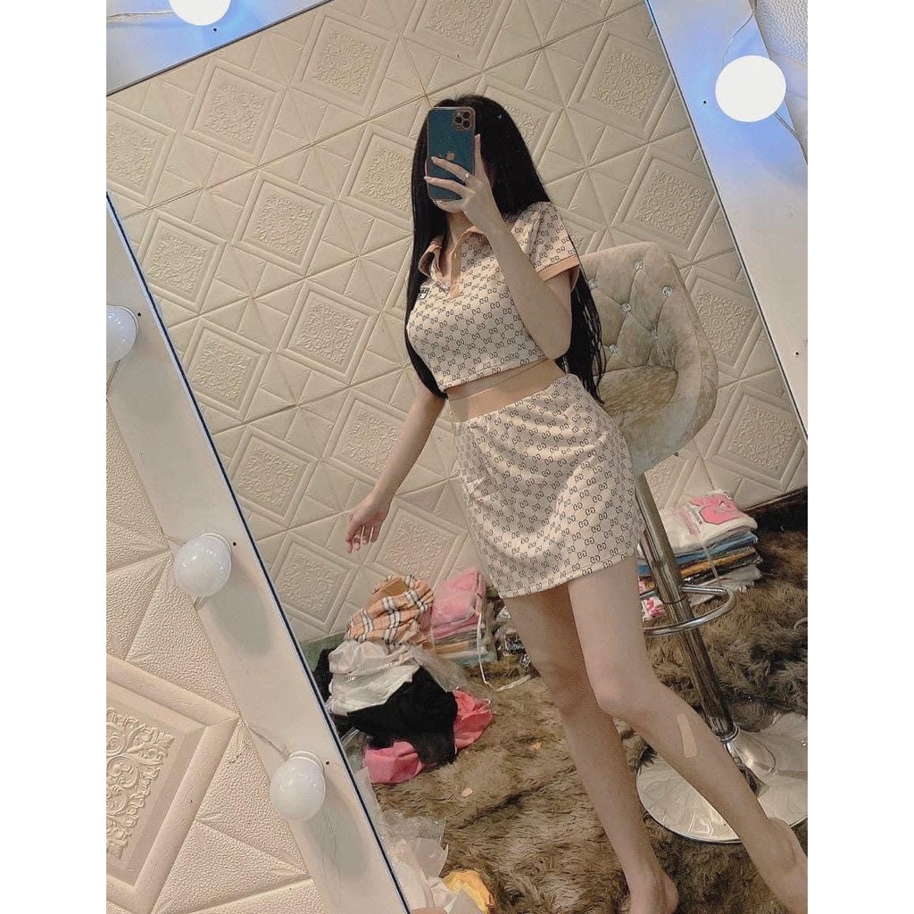 Sét bộ áo croptop cổ bẻ phối chân váy ngắn in chữ cực xinh , chất thun bozip mềm mịn ( ảnh thật )