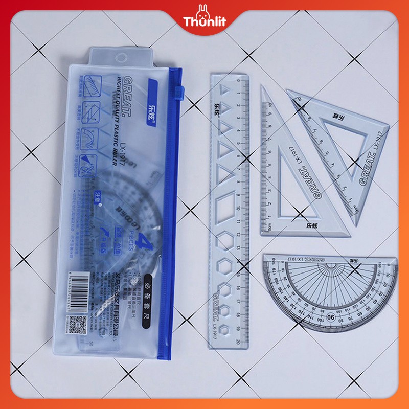 Bộ 4 thước Thunlit 2023 mới đơn giản màu xanh lam trong suốt đo chính xác dành cho học sinh
