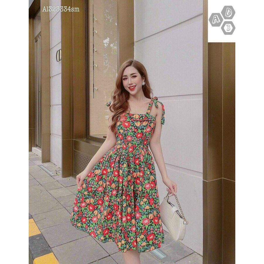 Đầm họa tiết phối hoa 2 dây buộc nơ có chun eo vải thoáng mát cho các tình yêu đi dạo phố