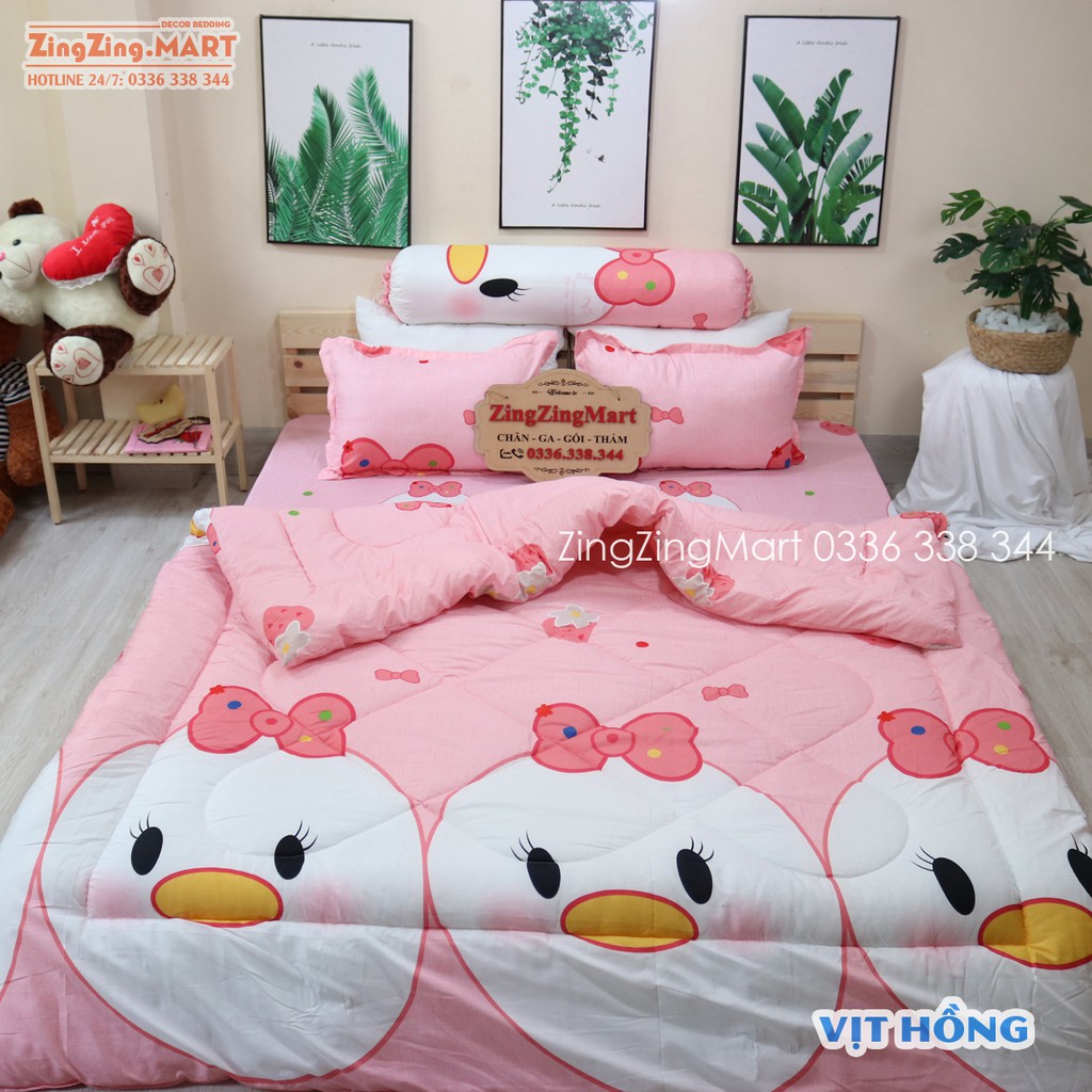 Bộ Ga Gối Poly Vịt Hồng | Bộ Drap giường Ga trải giường ( 1 ga + 2 vỏ áo gối ) - ZingZingMart