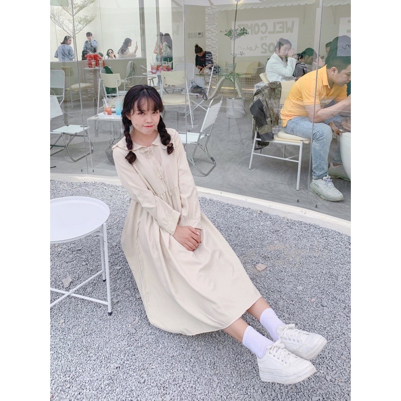 Đầm babydoll màu be cổ bèo