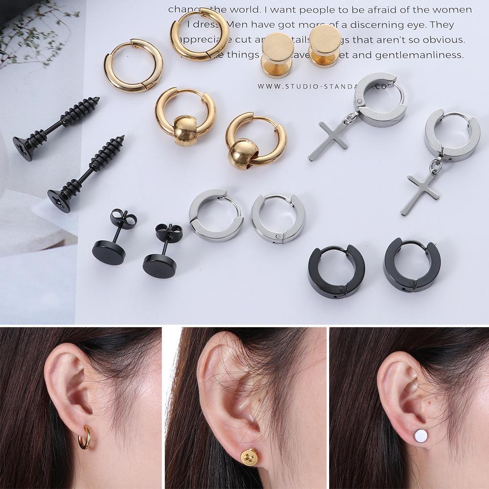Bộ Khuyên Xỏ Sụn Tai Bằng Thép Không Gỉ Màu Đen Cá Tính