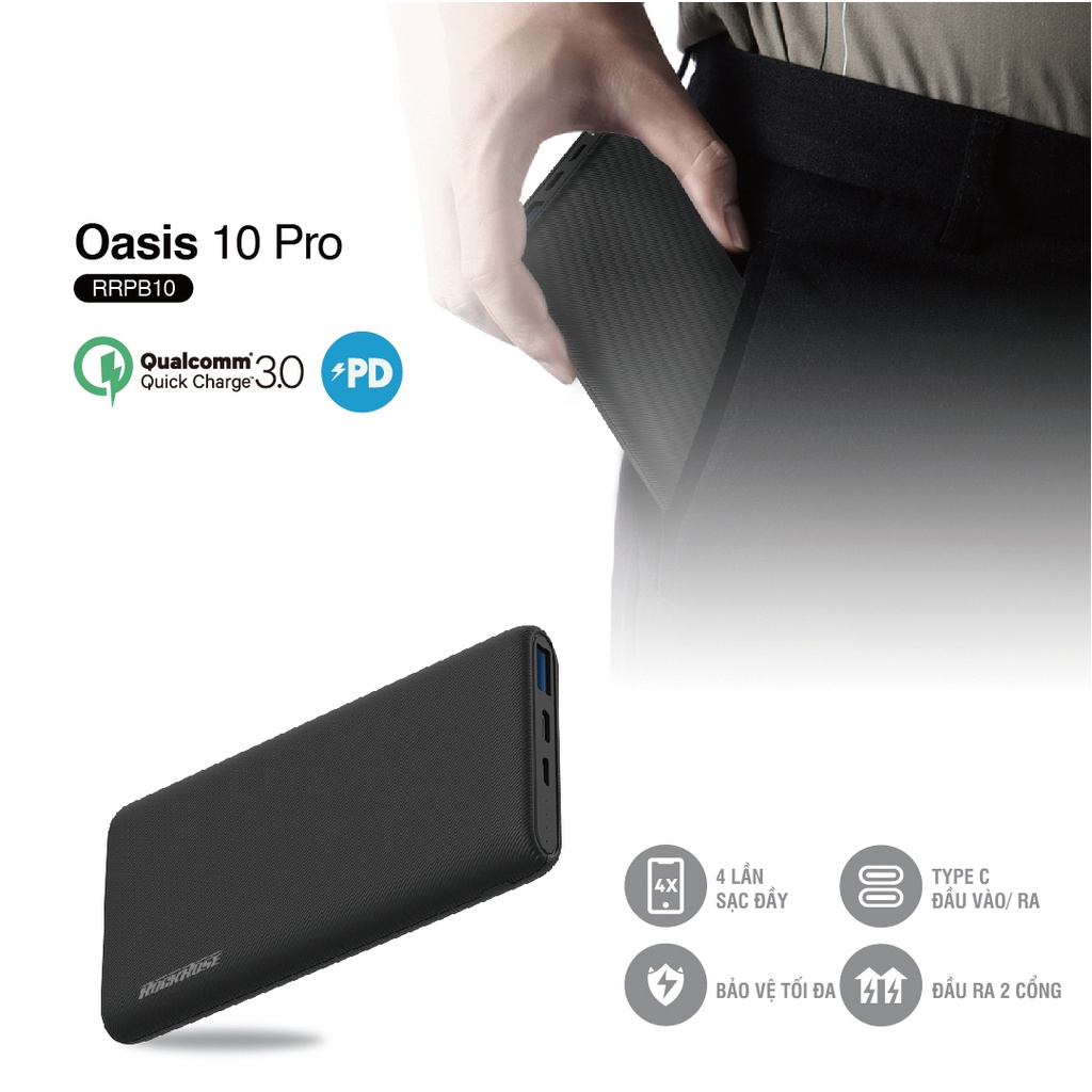 Sạc Dự Phòng Siêu Mỏng 10000mAh ROCKROSE Oasis 10 Pro QC 3.0 - Cổng USB A/ Type C Sạc Nhanh Cho Iphone/ Android