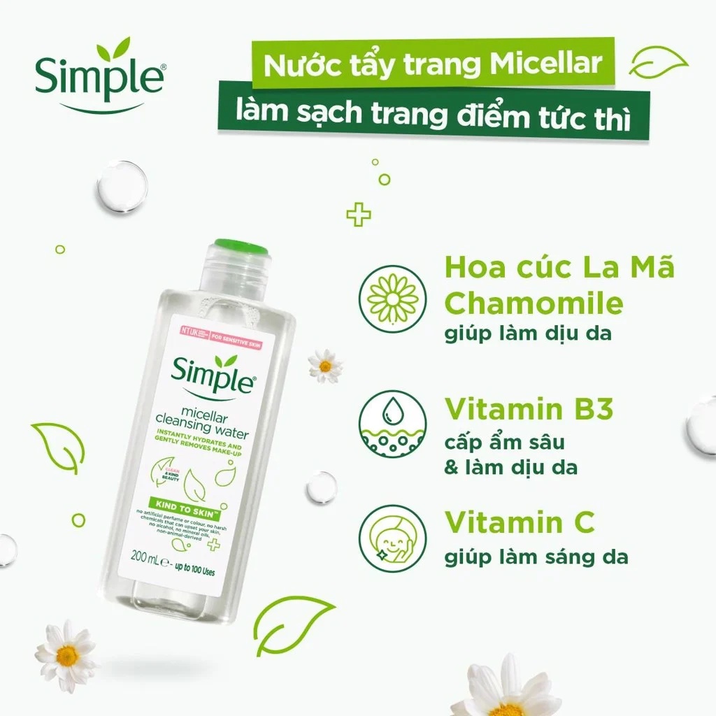 [3 Size] Nước Tẩy Trang Dịu Nhẹ Simple Kind To Skin Cleansing Micellar Water [100ml/200ml/400ml]