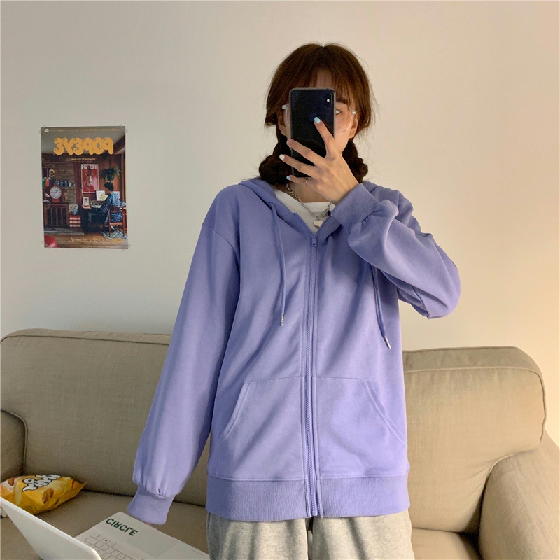 SUXI Áo Hoodie Tay Dài Dáng Rộng Màu Sắc Đơn Giản Cho Nữ