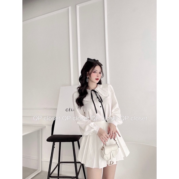 Sơ mi trắng cổ thêu khuy buộc nơ đen