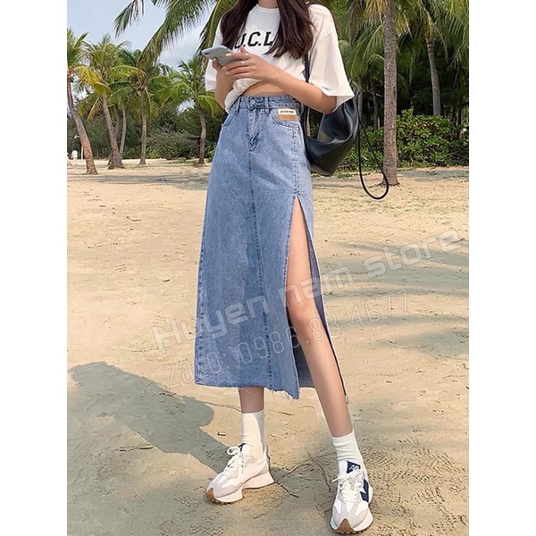 Chân váy bò dài xẻ mác nâu