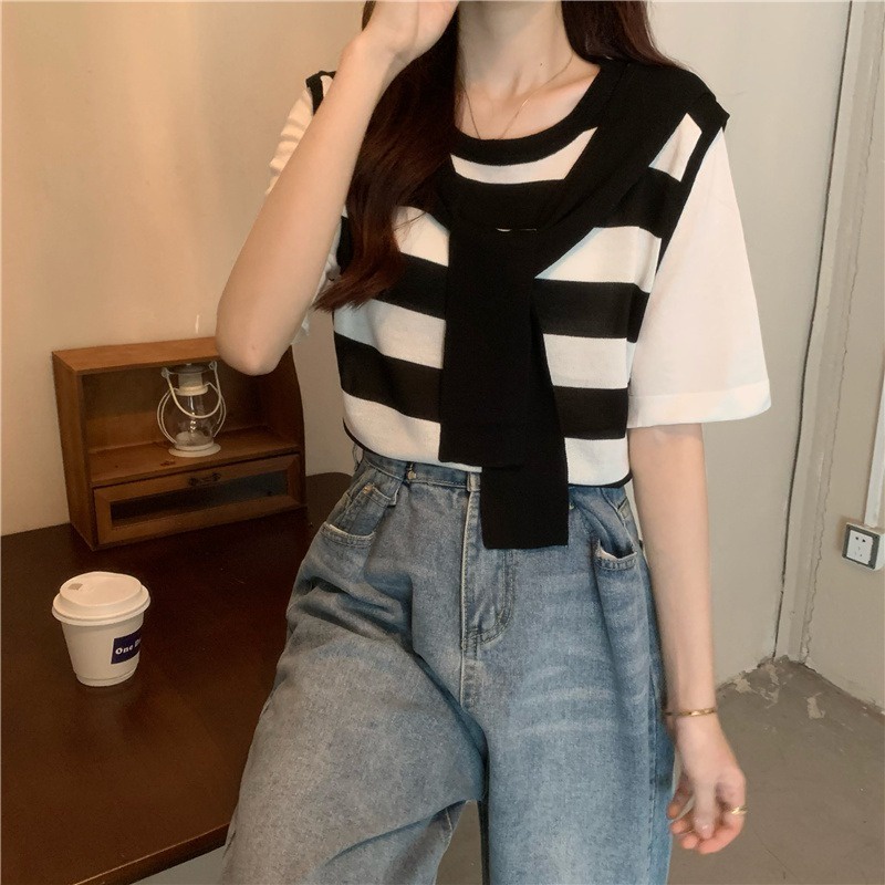 Áo thun ZHELIHANGFEI giả hai lớp dáng rộng thời trang dành cho nữ