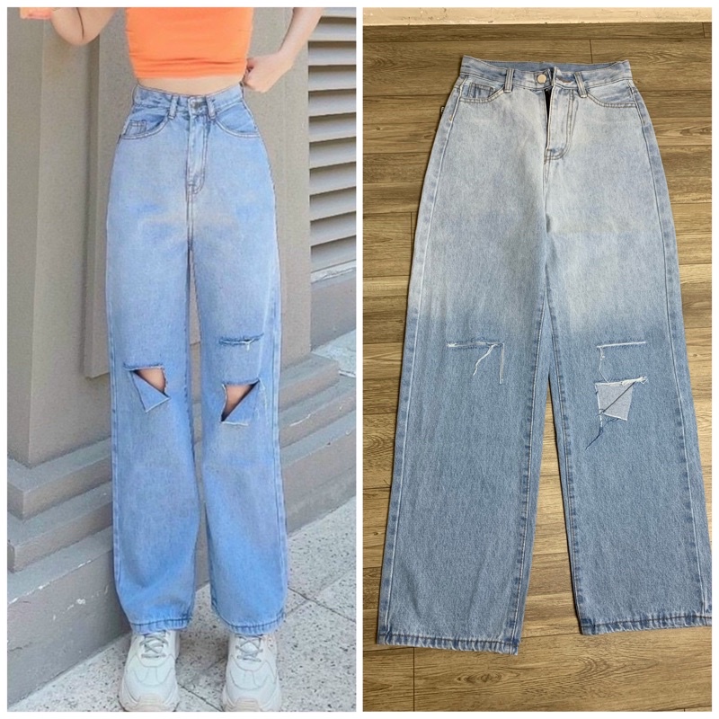 Quần Jeans Ống Suông TDMI lưng siêu cao rách kiểu