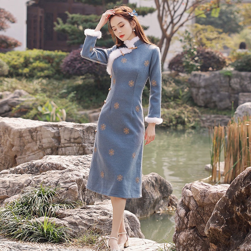 Đầm Sườn Xám Cách Tân Tay Dài Bằng Lông Thỏ Nhân Tạo Phong Cách Trung Hoa Thời Trang Mùa Đông 2022 Mới